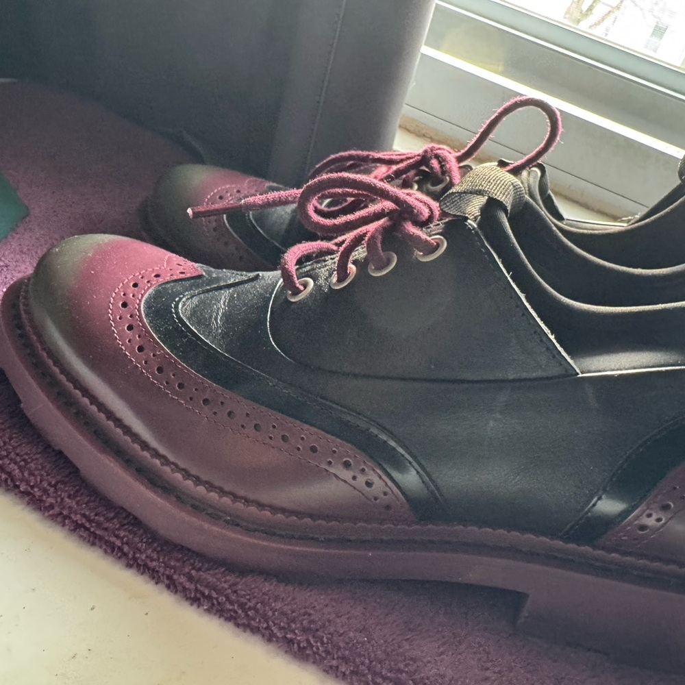 John Fluevog Black and Pink Oxfords